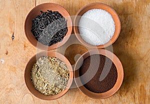 Plates with ingedients, Sugar,tea coffee