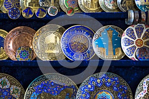 Plates and pots on a street market in the city of Bukhara, Uzbek