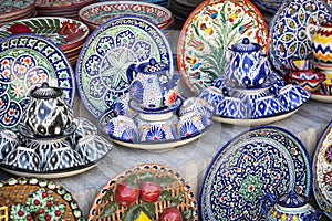 Plates and pots on a street market in the city of Bukhara, Uzbek