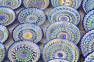 Plates and pots on a street market in the city of Bukhara, Uzbek