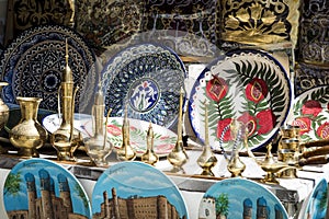 Plates and pots on a street market in the city of Bukhara, Uzbek