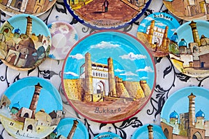 Plates and pots on a street market in the city of Bukhara, Uzbek