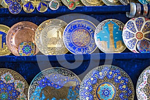 Plates and pots on a street market in the city of Bukhara, Uzbek