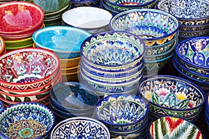 Plates and pots on a street market in the city of Bukhara, Uzbek