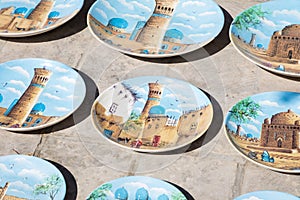 Plates and pots on a street market in the city of Bukhara, Uzbek