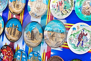 Plates and pots on a street market in the city of Bukhara, Uzbek