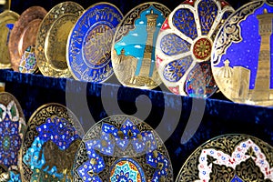 Plates and pots on a street market in the city of Bukhara, Uzbek