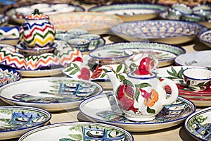 Plates and pots on a street market in the city of Khiva Uzbekistan.