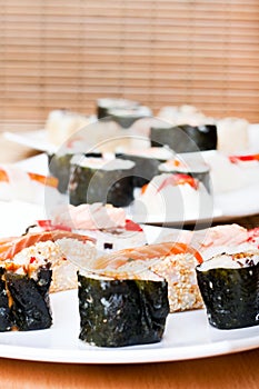 Plates with sushi rolls