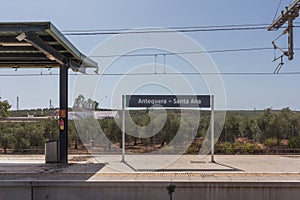 The platform of Antequera - Santa Ana railway station in Antequera, Malaga, Andalusia Andalucia, Spain.