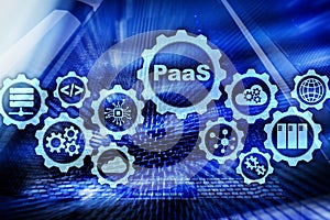 Platform as a service PaaS - cloud computing services concept. Server room background.