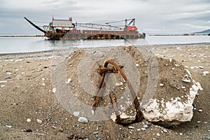 platform, dredger, excavator at sea in bad weather