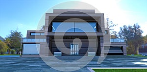 A platform of granite slabs in front of the main entrance to a compact country house. White border. Large panoramic window above