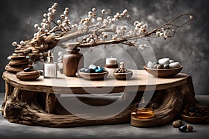 platform made of wood with ornamentation made of stones and branches. Background information for jewelry, cosmetics