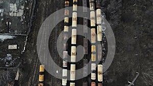 platform with many freight trains. aerial shooting