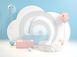 Platform Set Soft Kid Color Celebration With Clound Background 3d Render photo