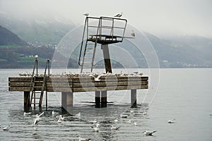 Platform for swimming with jumping board placed on lake Walensee in Switzerland in winter.