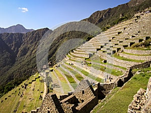 The platforms cultivation terraces of Machu Picchu look like great steps built on the hillside.