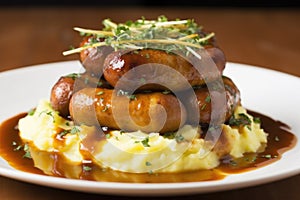 plating bangers on top of a heap of mash