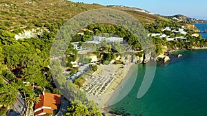 Platis Gialos beach at Argostoli of Kefalonia island in Greece. Spectacular view over beach of Platis Gialos near Lassi, Argostoli