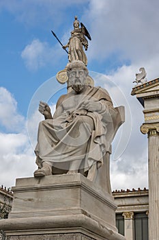 Plato and Athena statues in front of Academy of Athens, Greece