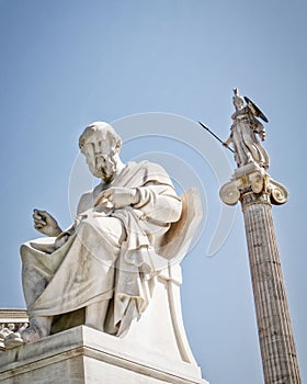 Plato, the philosopher and Athena goddess of knowledge and wisdom, white marble statues.