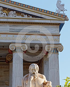 Plato`s statue, the ancient Greek philosopher in front of the national academy of Athens, Greece