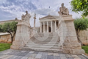 Plato and Socrates marble statues, the ancient Greek philosophers in front of the national university of Athens.