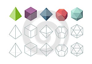 Platonic solid. Geometrical 3d object shapes vector collection
