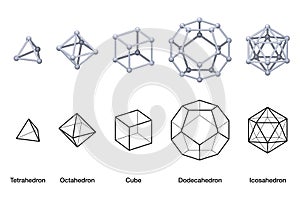 Gray colored Platonic solids 3D and black wireframe models