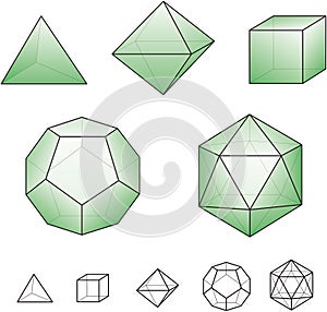 Platonic solids with green surfaces