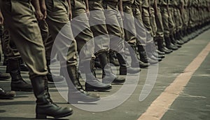 A platoon of army soldiers marching in uniform with rifles generated by AI