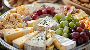 platter of assorted cheeses and grapes