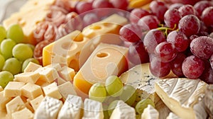 platter of assorted cheeses and grapes