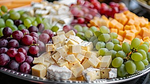 platter of assorted cheeses and grapes