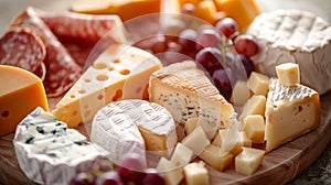 platter of assorted cheeses and grapes