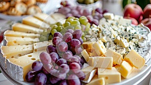 platter of assorted cheeses and grapes