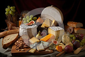 a platter of assorted cheeses, surrounded by freshly baked bread and accoutrements