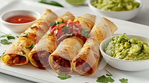 a platter of authentic Mexican flautas, served with vibrant salsa and creamy guacamole, elegantly arranged on a clean