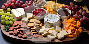 A platter of cheese, crackers, crackers and grapes, AI