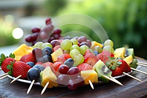 Platter of colorful fruit kabobs with a variety of fresh fruits