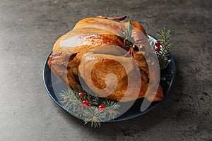 Platter of cooked turkey with cranberry and fir tree branches photo