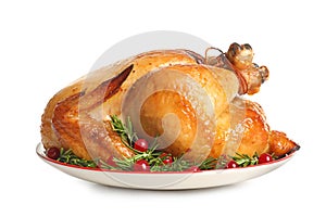 Platter of cooked turkey with garnish on white photo