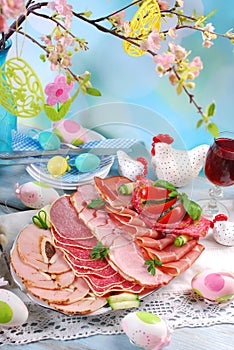 Platter of cured meat,ham and salami on eater table