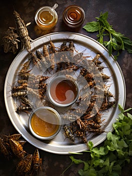 A platter of deepfried grasshoppers surrounded by dipping sauces. AI generation photo