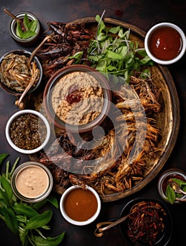 A platter of deepfried grasshoppers surrounded by dipping sauces. AI generation photo