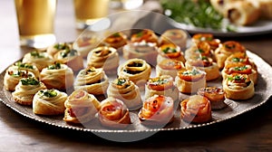 Platter of delicate puff pastry hors d\'oeuvres, filled with creamy cheese, smoked salmon, and roasted vegetables