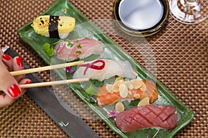 Platter with different types of nigirizushi, nigiri with differe