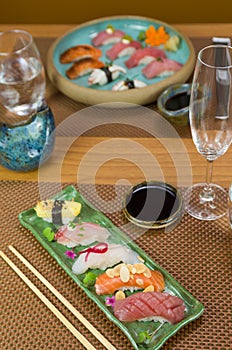 Platter with different types of nigirizushi, nigiri with different fish