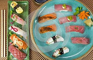 Platter with different types of nigirizushi, nigiri with different fish